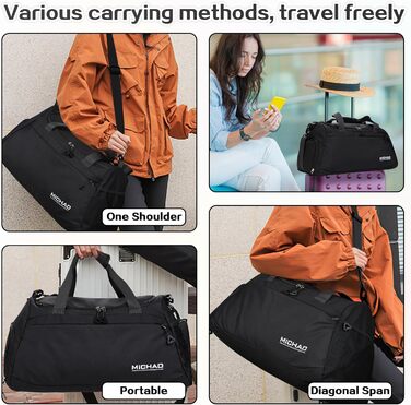 Спортивна сумка для подорожей та спорту, велика (48x23x27 см), з відділенням для взуття та мокрих речей, водонепроникна, для жінок та чоловіків, (ретро-чорний)