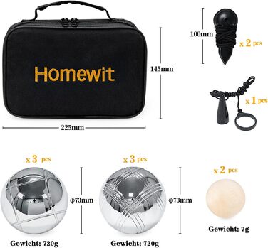 Набір для бочче та петанку Homewit з 6 металевими кулями, сумка для перенесення, гра для саду, пляжу, кемпінгу та парку