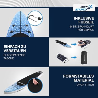 Надувна SUP-дошка ArtSport 320 см, 150 кг, комплект – весло, насос, ремінь, сумка, аксесуари