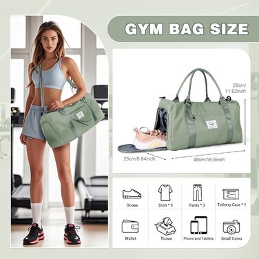 WEPLAN спортивна сумка для жінок і чоловіків з відділенням для взуття та вологих речей, дорожня ручна поклажа, тренувальна сумка для фітнесу, басейну та подорожей, сіро-зелена