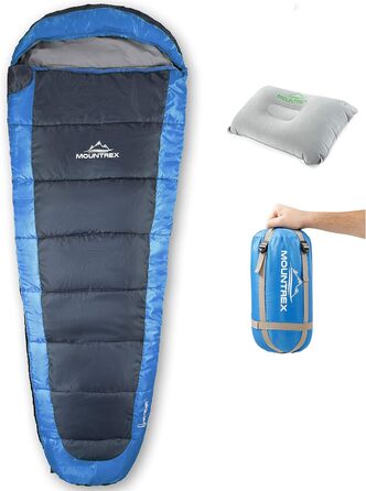 Сплячий мішок MOUNTREX® – ультралегкий та компактний (850г) – для відпочинку на природі, літній спальний мішок, мумієвидний (205x75см) – мале пакування та легкість – для підлітків та дорослих + подарунок: туристична подушка, зелений (блакитний/сірий)