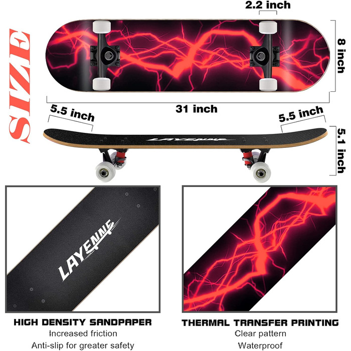 Скейтборд LAYENNE 31x8 дюймів, 7 шарів клену, ABEC-11, для дітей, підлітків та дорослих, для початківців і досвідчених