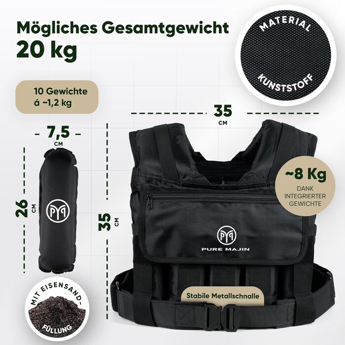 Вага для тренувань PURE MAJIN® 20 кг, регульована, з кишенею та металевим ременем | Фітнес, воркаут, біг, калістеніка, обладнання, вага, тренування - чорний або камуфляжний чорний