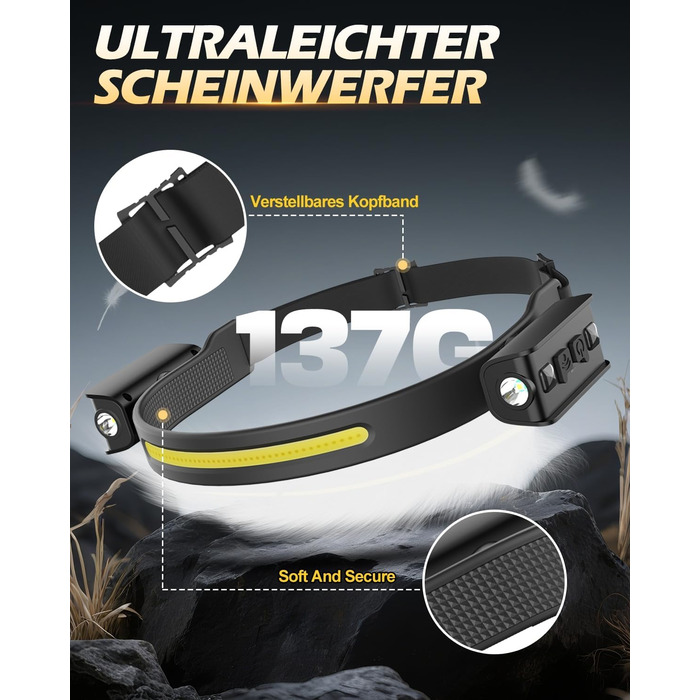 Налобний ліхтар Tekwet LED з акумулятором, 2 шт., 230° світловий потік, датчик руху, 2400 mAh, 6 режимів, для кемпінгу, піших прогулянок, бігу, риболовлі, чорний