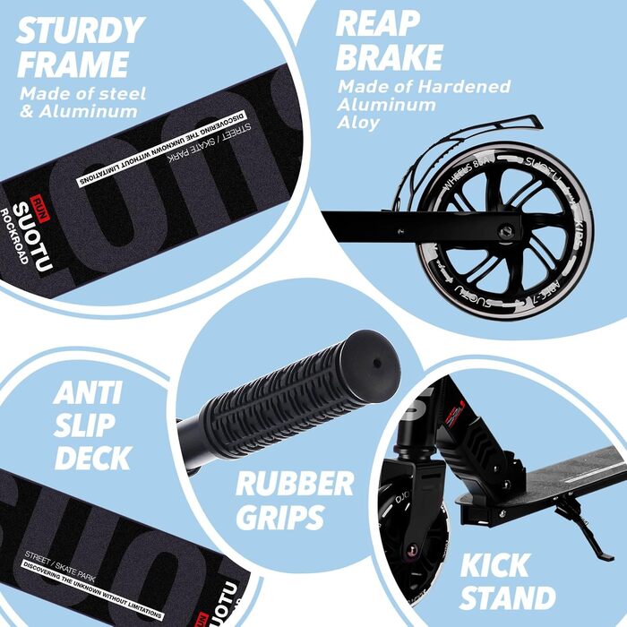 Самокат дитячий SUOTU з колесами 145 мм, до 100 кг, світлодіодами, складаний, регульована висота, для хлопчиків та дівчаток, алюмінієвий, чорний