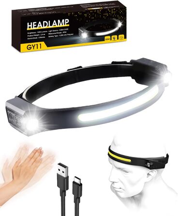 Ліхтар на голову LED акумуляторний, 1200 люмен, сенсор, 2 прожектори, COB, 5 режимів, 12 годин роботи, IPX4, для бігу, кемпінгу, чорний