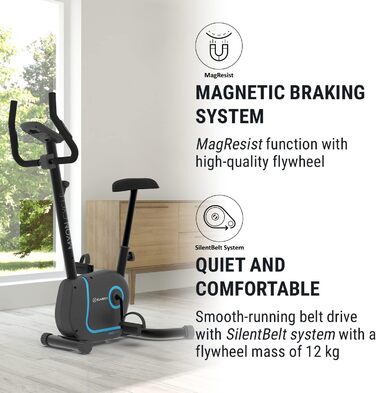 Велотренажер KLAR FIT Myon Cycle з маховиком 12 кг, ремінний привід SilentBelt, 8 рівнів навантаження, вимірювач пульсу, регульована висота сидіння, підставка для планшета, білий (чорний)
