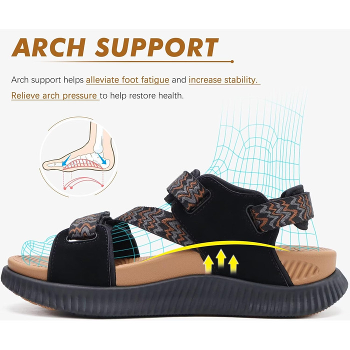 Жіночі трекінгові сандалії KuaiLu: зручні ортопедичні сандалі для туризму та активного відпочинку, літні, з регулюванням на липучках, відкриті, для підтримки стопи при фасціїтісу, чорний/хакі, 42 EU