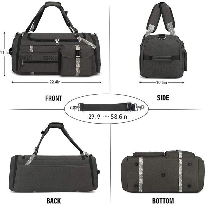 Спортивна сумка-мешок для чоловіків 3-в-1: рюкзак з відділенням для взуття та вологих речей, сіра, 57 x 27 x 28 см