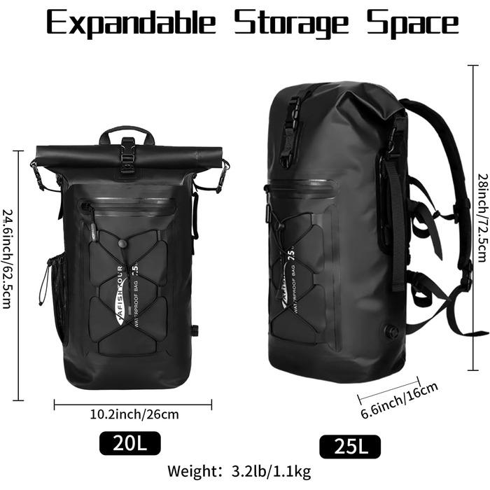 Водонепроникний рюкзак 25L для жінок та чоловіків: Dry-Bag з рол-закриттям та плавучістю для каякінгу, рафтингу (Чорний)
