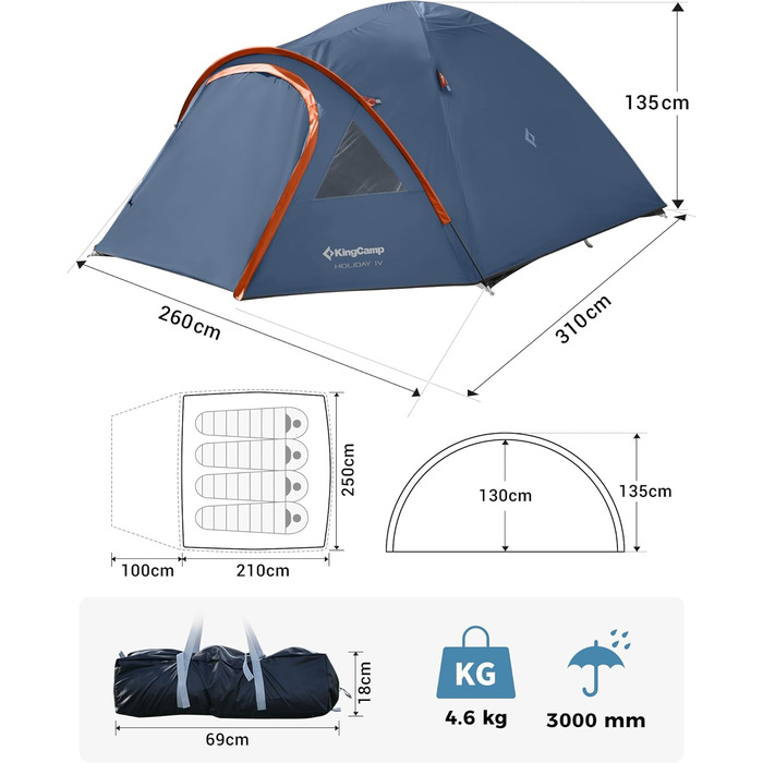 Намет KingCamp для 4 осіб: просторий, водонепроникний (PU3000mm), 4-сезонний, ультралегкий для кемпінгу, трекінгу та відпочинку на природі (Marineblau)