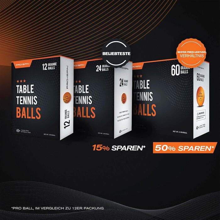 PRO SPIN тенісні м'ячі для настільного тенісу, помаранчеві, 3 зірки, 40+, ABS, для тренувань і змагань, 60 шт.