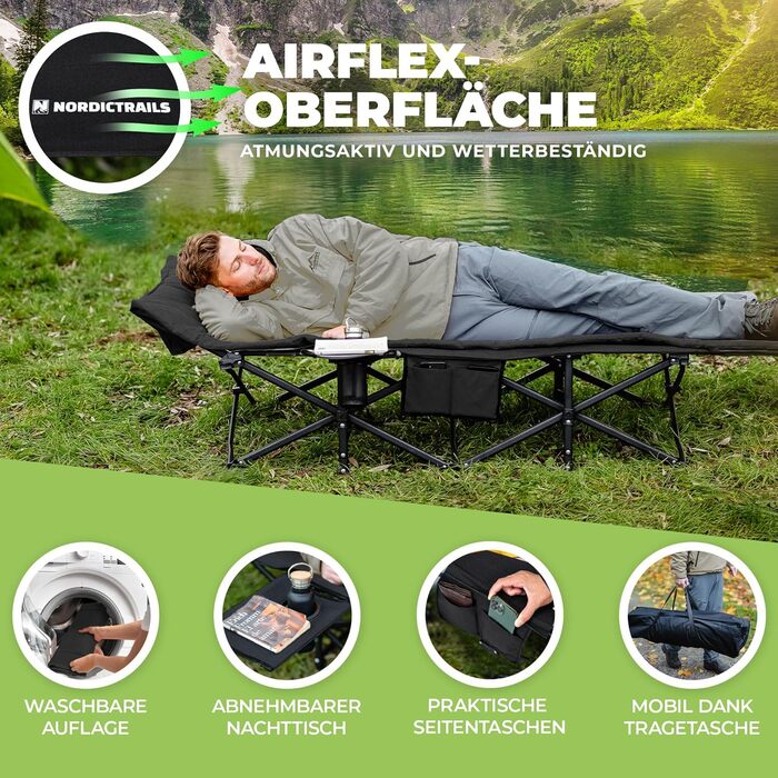 NORDICTRAILS Кемпінгове ліжко NORDICTRAILS - розкладне, XXL, зручне | Розкладне, легке та широке для відпочинку на природі | Гостьове ліжко, лежак, розкладне ліжко, рибальське ліжко, кемпінгове ліжко для коропа з суперм'яким матрацом (з матрацом, чорне)