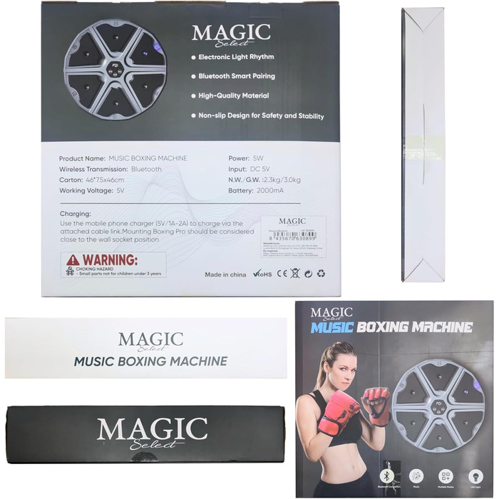 Електронна музична боксерська машина MAGIC SELECT із PU настінною панеллю, LED підсвічуванням, Bluetooth, рукавичками, 3 режими, 43x43x4 см