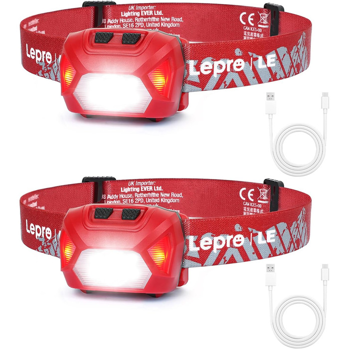 LED налобний ліхтар Lepro, перезаряджуваний, 000 Lux, 6 режимів, червоне світло, IPX4, для кемпінгу та бігу, з USB кабелем (червоний, 2 шт.)
