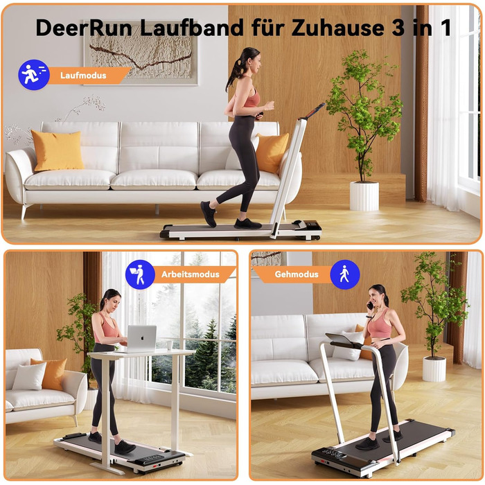 DeerRun Складне бігове доріжки для дому з інтегрованим столом та керуванням через додаток, до 136 кг, білий