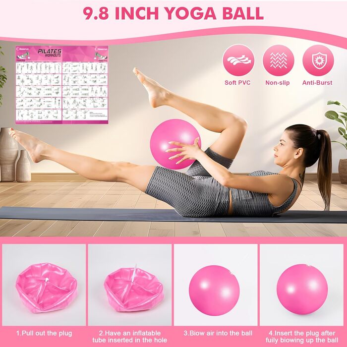 Набір для пілатесу: кільце, еластичні стрічки, фітбол, диски для ковзання, плакат з інструкцією. Комплект для домашніх тренувань. Рожевий, посилений