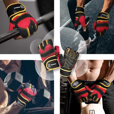 Рукавички для фітнесу та тренувань чоловічі Fitnesshandschuhe (L 19-22 см, Червоно-Жовто-Чорні). Захист долоні, для силових тренувань, бодібілдингу, кросфіту. Безпечні матеріали (CE)