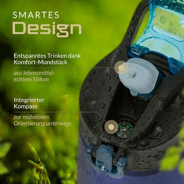 Туристична фільтр-пляшка BERGKVIST OBSIDIAN 650 мл з компасом, синя – пляшка для очищення води для кемпінгу, виживання, мандрівок