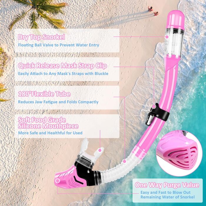 Дитяча маска для снорклінгу та плавання, 4-16 років, комплект, панорама 180°, сухий сноркель, рожева