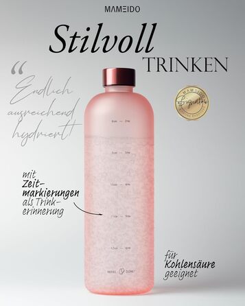 Фляга для води MAMEIDO 1 л з позначками часу, для спорту, фітнесу та офісу, BPA free, Flamingo Pink