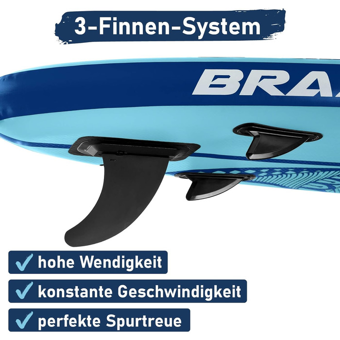 SUP Board BRAST Shark надувний, 320x81x15 см, блакитний: комплект для падлбордингу з аксесуарами (каяк-сидіння, камера, помпа, рюкзак)