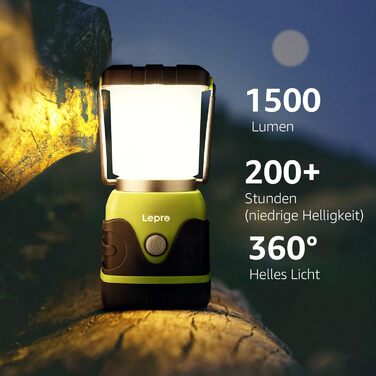 LED кемпінговий ліхтар Lepro на батарейках, надзвичайно яскравий 1500 люмен, 4 режими, флуоресцентне зелене світло