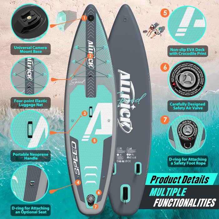 ALLPICK SUP Board Premium набір: Дошка для Stand Up Paddling надувна, з кріпленням для камери, повний комплект аксесуарів, регульоване весло, для початківців та просунутих, вантажопідйомність 200 кг, сіро-зелений