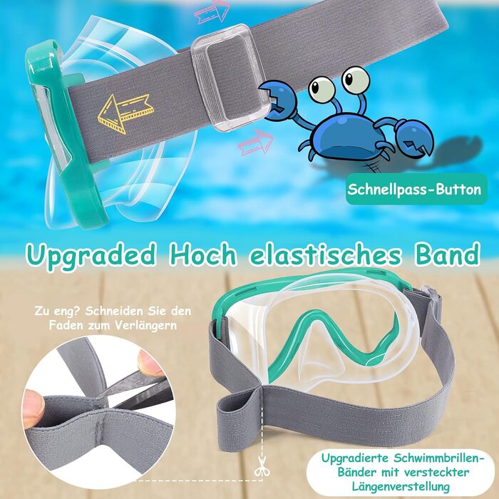 Дитячі маски для снорклінгу Vvinca з тканинним ремінцем, 180° панорама, анти-протікання, для дітей 3-13 років, зелені