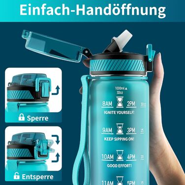 Спортивна пляшка для води Tritan 1л з трубочкою, з міткою часу та щіткою, виготовлена з BPA-Free матеріалу, блакитна