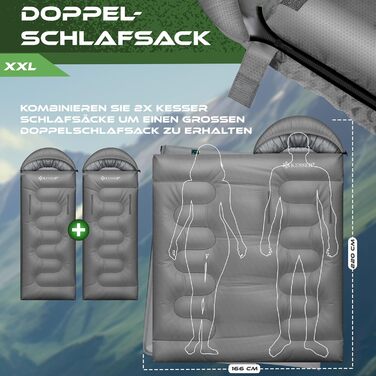 Сплячий мішок KESSER® Outdoor | Декальний спальний мішок 3-4 сезони | Для дорослих та дітей | Легкий, теплий, водостійкий | З лампою та кишенею (Сірий, 220 x 83 см)