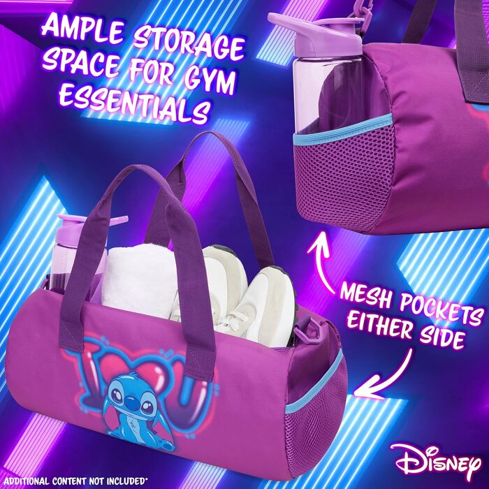 Дитяча спортивна сумка Disney Stitch, 40x20x20 см, з боковими кишенями та регульованим ременем, лілова