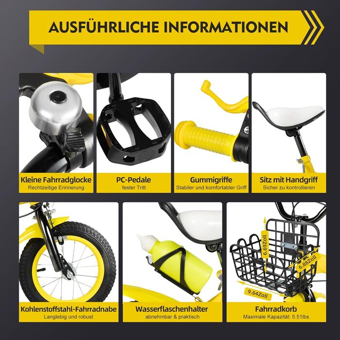 Дитячий велосипед 12 дюймів для дівчаток та хлопчиків з додатковими колесами, дзвінком та кошиком, регульована висота, від 3 років, червоний/синій/жовтий