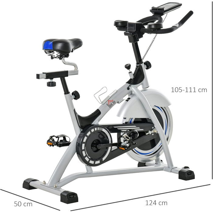 Велотренажер HOMCOM Speedbike для дому, 15 кг маховик, регульоване навантаження, LCD-монітор, до 180 кг, метал/ABS, сріблястий+чорний