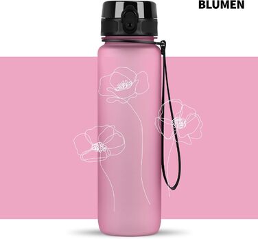 Пляшка для води 720°DGREE uberBottle 1 л з ситечком, герметична, легка, BPA-free, тритан, для спорту, фітнесу, велоспорту, університету, багаторазова, рожева квітка, Softtouch