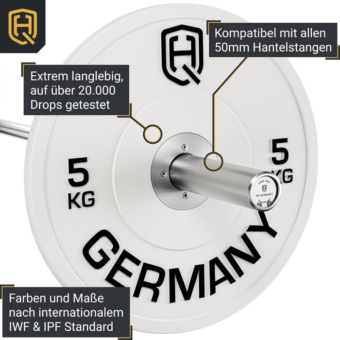 Комплект змагальних бамперних дисків HQ Germany 50 мм, 5–25 кг, сертифіковані IWF, REACH, для штанги