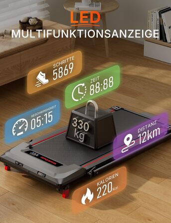 Біговий доріжки з нахилом 5%, компактний під стіл для дому та офісу, портативна бігова машина з LED дисплеєм, пульт дистанційного керування, вантажопідйомність 150 кг, 2.5HP тихий двигун (Чорний/Червоний)