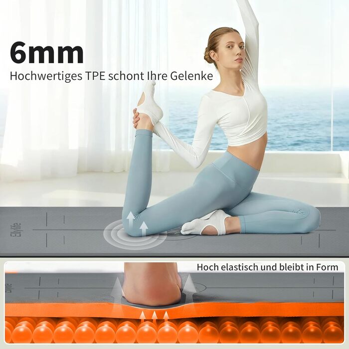 Протиковзкий килимок для йоги та пілатеса з еко-каучуку та TPE, 6мм, сірий — з лініями розмітки та ременем для перенесення