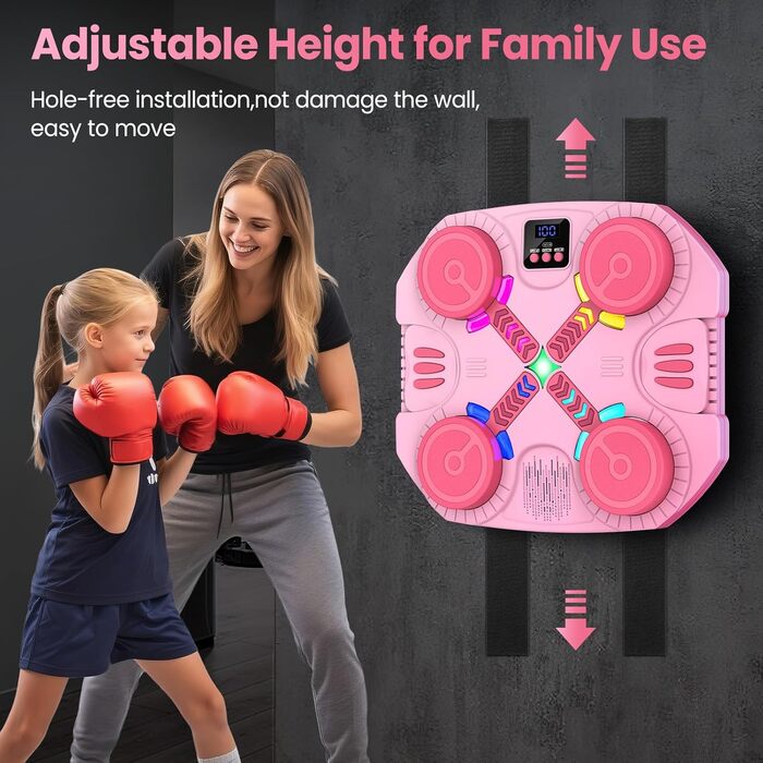 Дитяча боксерська машина з підсвіткою та музикою, Bluetooth, 5 швидкостей, 2 режими тренування, підрахунок ударів, кріплення на стіну (Рожева)