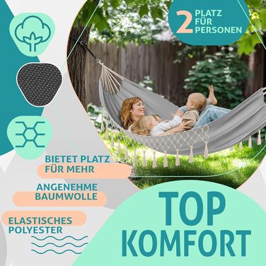 Гамак KESSER® 320x150 см, до 300 кг, сірий – для кемпінгу, саду та відпочинку на природі (з мішком, мотузками та ременями)