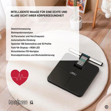 Вага для вимірювання жиру в тілі GeniaScreen InOne: цифрова персональна вага з Bluetooth, 56 показників, LED-дисплей, 180 кг