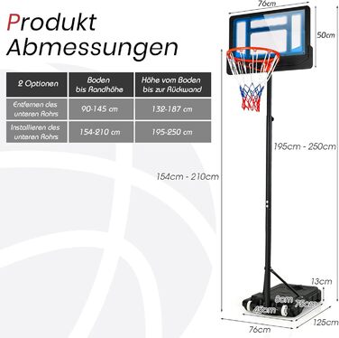 Баскетбольний кошик GOPLUS вуличний для дітей та підлітків, регульована висота 90-210 см, стійка на колесах, синя з щитом 76x50 см