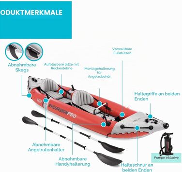 Надувний двомісний каяк INTEX Excursion Pro з веслом 218 см та насосом, SuperTough PVC, з тримачами для вудок та регульованими сидіннями