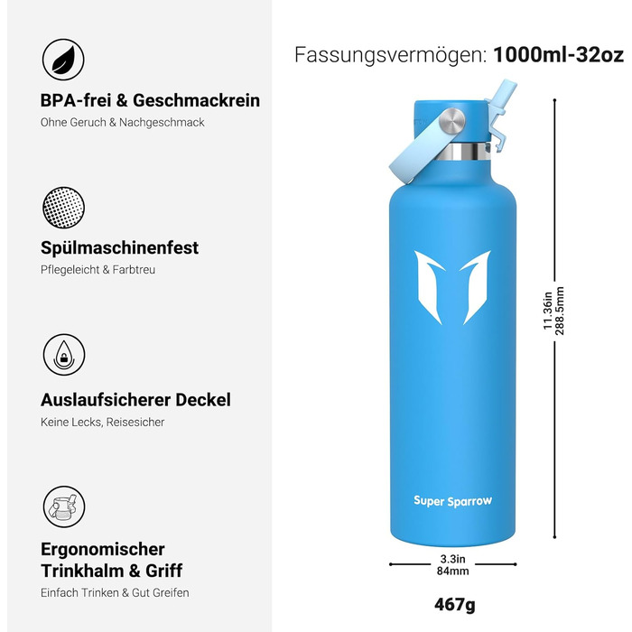 Термокружка-термос Super Sparrow з нержавіючої сталі з трубочкою, 350мл, 500мл, 750мл, 1л, 1.2л, BPA-Free, для спорту, подорожей, школи, активного відпочинку (1000 мл, C- блакитний)