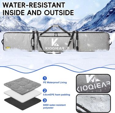 Скі-сумка на колесах для подорожей, м'яка подвійна скі-сумка для 2 пар лиж до 175 або 190 см, сіра (175 см)