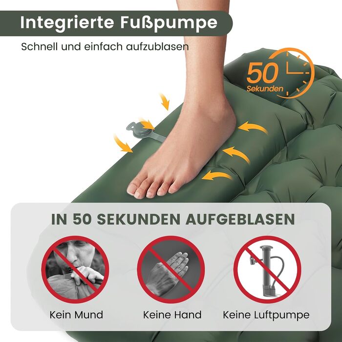 Каремат самонадувний туристичний Tuocal Isomatte, 9 см, Ultralight, з подушкою та насосом, Anti-Ripstop, для кемпінгу, подорожей, намету (Армійний зелений)
