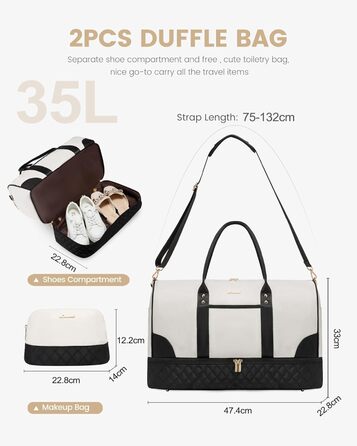 Сумка-мішок LOVEVOOK для жінок: дорожня, спортивна, з відділенням для взуття та мокрих речей, 2 шт. (35л, бежевий/чорний)