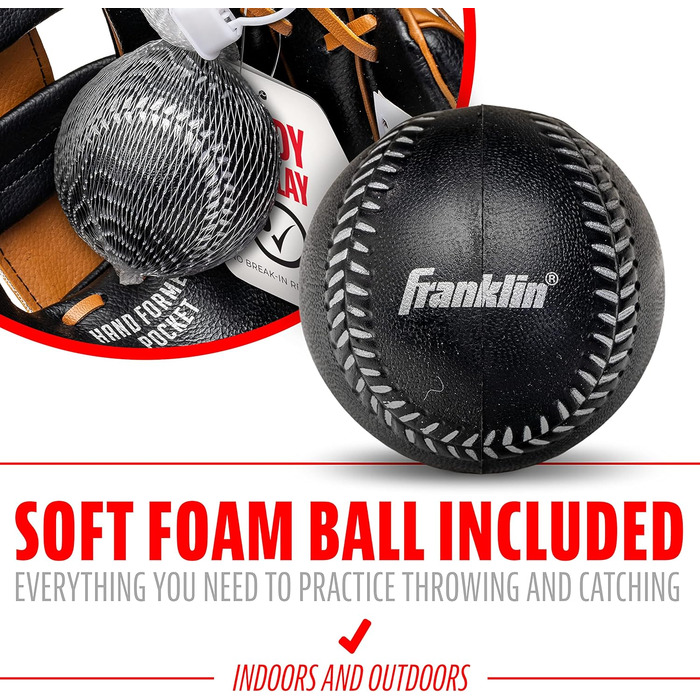 Рукавичка для бейсболу Franklin Sports RTP Kinder Teeball (для дітей, 24.1 см, права рука) + М'яч - Чорно-коричневий