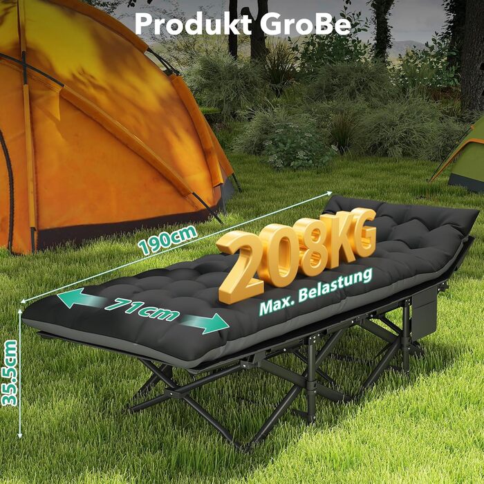 Розкладне ліжко-тахта для кемпінгу з матрацом, сталеве, чорне, 190x71x35 см