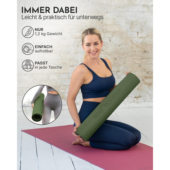 Килимок для йоги NEOLYMP - неслизький, для захисту суглобів - 183x61 см - PVC - для йоги, пілатесу - з E-book та відео-упражненнями (оливковий)